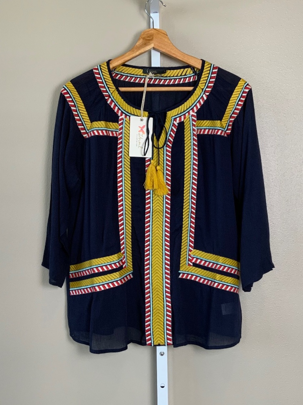 THML Embroidered Tassel Tie 3/4 Sleeve Top